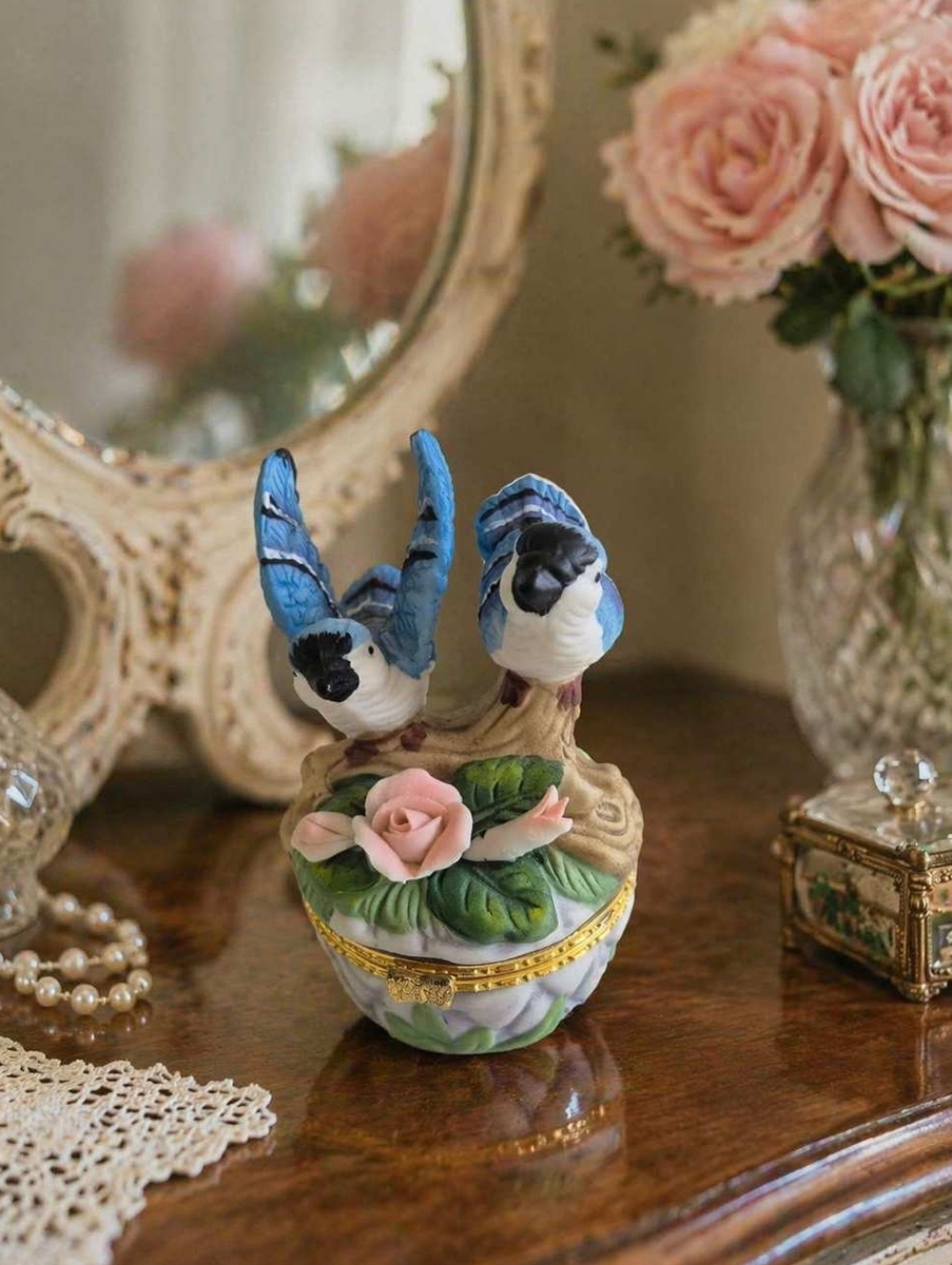 Trinket box vintage. Blue Jay figurines on top of box. Collectible. - Picture 11 of 11